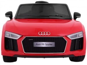 Mașină electrică pentru copii, model Audi R8 Spyder, roșie, realistă și sigură pentru joacă.