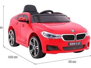 Mașinuță electrică pentru copii, model BMW 6 GT, în culoare roșie, dimensiuni 105x66x51 cm.