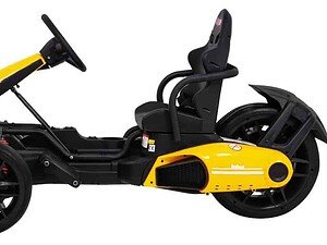 Mașinuță electrică pentru copii, model sportiv, culoare galben-negru, ideală pentru joacă în aer liber.