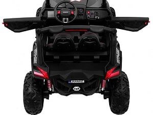 Plastic toy car with realistic dashboard and steering wheel for kids.