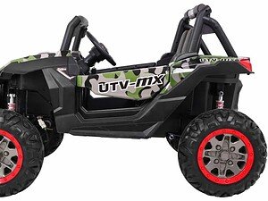 Mașină electrică pentru copii, off-road, design camuflaj verde și negru, siguranță și distracție.