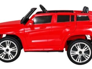 Mașină de jucărie electrică pentru copii, model SUV roșu, pentru joacă și distracție în curte.