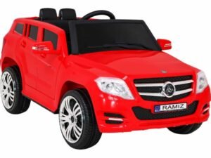 Red children's electric car, SUV style with realistic design.