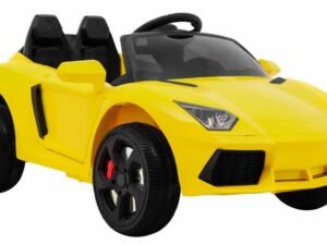 Mașină electrică pentru copii, model sportiv galben, vehicul de jucărie pentru joacă în grădină.