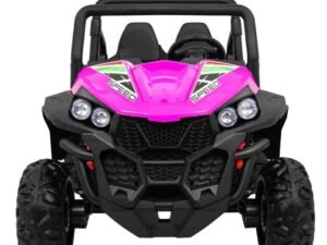 1. Mașinuță electrică pentru copii, model sport, culoare roz și negru, cu faruri luminoase.