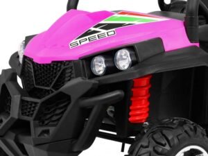 1. Mașinuță electrică pentru copii, model sport cu faruri și suspensie roșie.