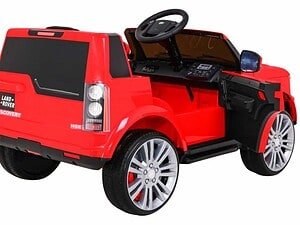 Mașină electrică de jucărie pentru copii, model Land Rover Discovery roșu, perfectă pentru distracție în aer liber.