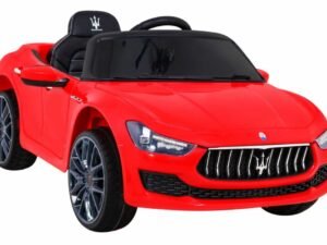 Mașinuță electrică pentru copii, model sport, roșie, detalii realiste, ideală pentru joacă și divertisment.