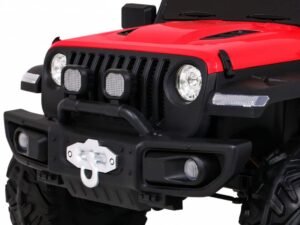 Mașină electrică pentru copii de culoare roșie, cu detalii negre și design realist.