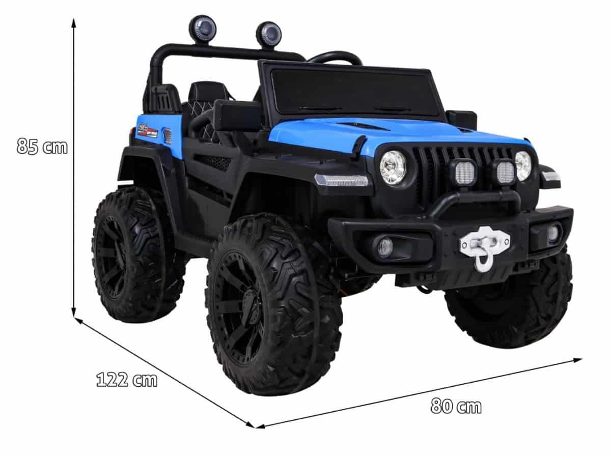 Mașină electrică pentru copii, model off-road, culoare albastră, dimensiuni 122x80x85 cm, ideală pentru joacă în aer liber.
