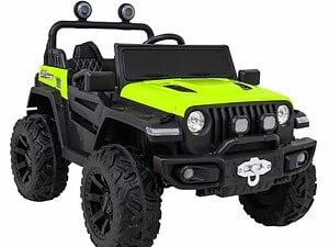 Mașină electrică pentru copii, jeep off-road de culoare negru cu verde fluorescent.