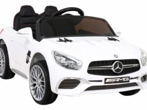 Mașină electrică pentru copii, model Mercedes AMG alb cu negru, pentru joacă și distracție.