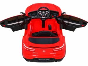 Mașină electrică de joc pentru copii, model Mercedes-Benz, culoare roșie, divertisment sigur pentru juniori.