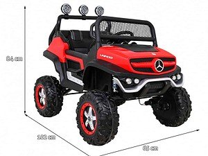 1. Mașinuță electrică pentru copii, design Mercedes G-Class, culori roșu și negru compactă.