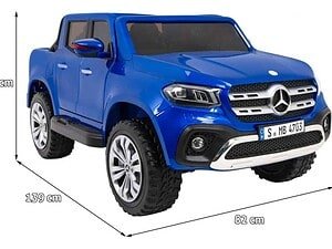 1. Mașină electrică pentru copii, model Mercedes Benz, culoare albastră, dimensiuni compacte, jucărie de exterior.