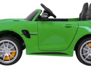 Mașinuță electrică pentru copii, model sportiv verde, siguranță și divertisment pentru cei mici.