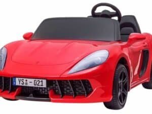 Mașină electrică pentru copii, model sport roșu, cu detalii autentice și sigure pentru joacă.