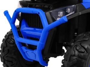 Jucărie electrică pentru copii auto cu faruri LED, rotile robuste, culoare albastră.
