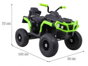 Mașină electrică pentru copii, quad pentru joacă în curte, dimensiuni 102x65x73 cm, culori negre și verde.
