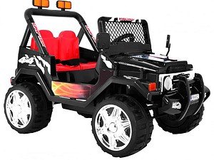 Mașinuță electrică pentru copii, mașină sport neagră cu roți mari și scaune roșii. Ideal pentru jocuri și aventuri în curte.