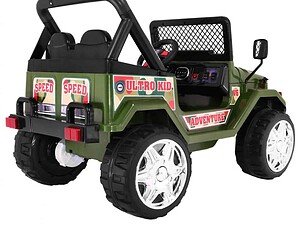 Mașinuță electrică de jucărie pentru copii, model off-road, verde cu decorațiuni Adventure.