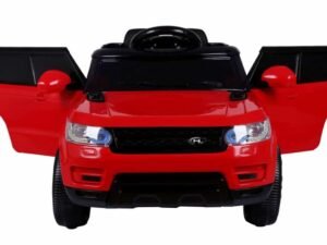 Mașină electrică pentru copii, model sport roșu, ideal pentru joacă și aventură în curte.