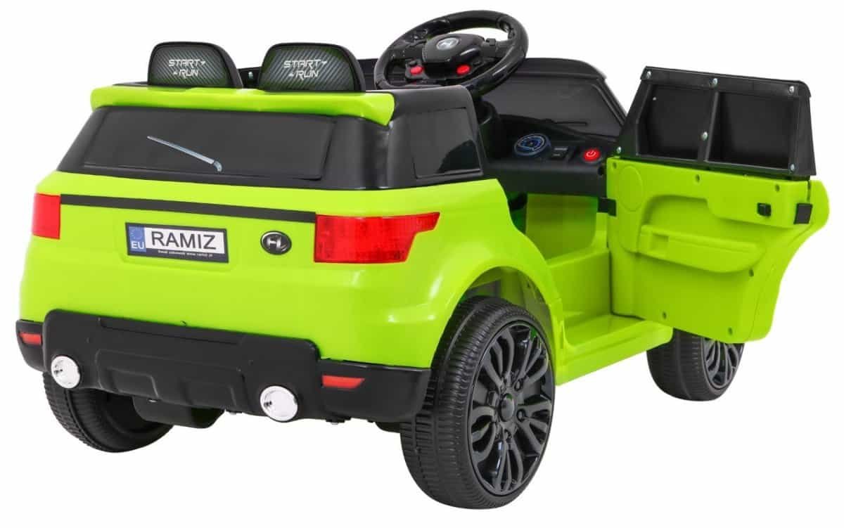 1. Mașinuță electrică pentru copii, model sportiv, verde neon, 12V, realistică.