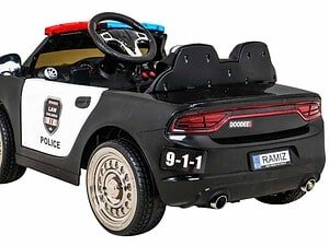 Mașinuță electrică pentru copii în stil poliție, ideală pentru joc și distracție.