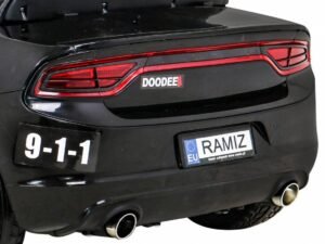 1. Sigla mașină sport neagră cu stopuri LED și plăcuțe de înmatriculare personalizate.