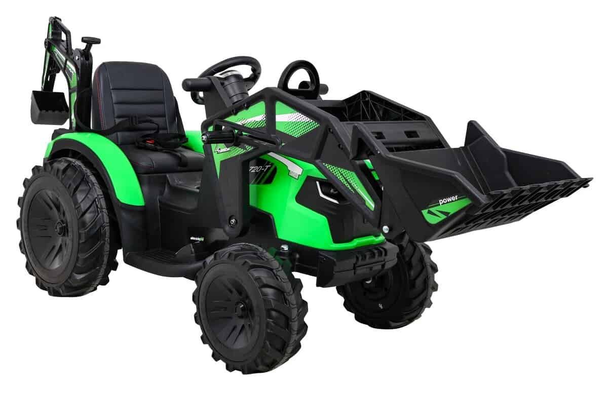 Mașină de jucărie electrică pentru copii, motocultor verde și negru, ideal pentru joacă în aer liber.