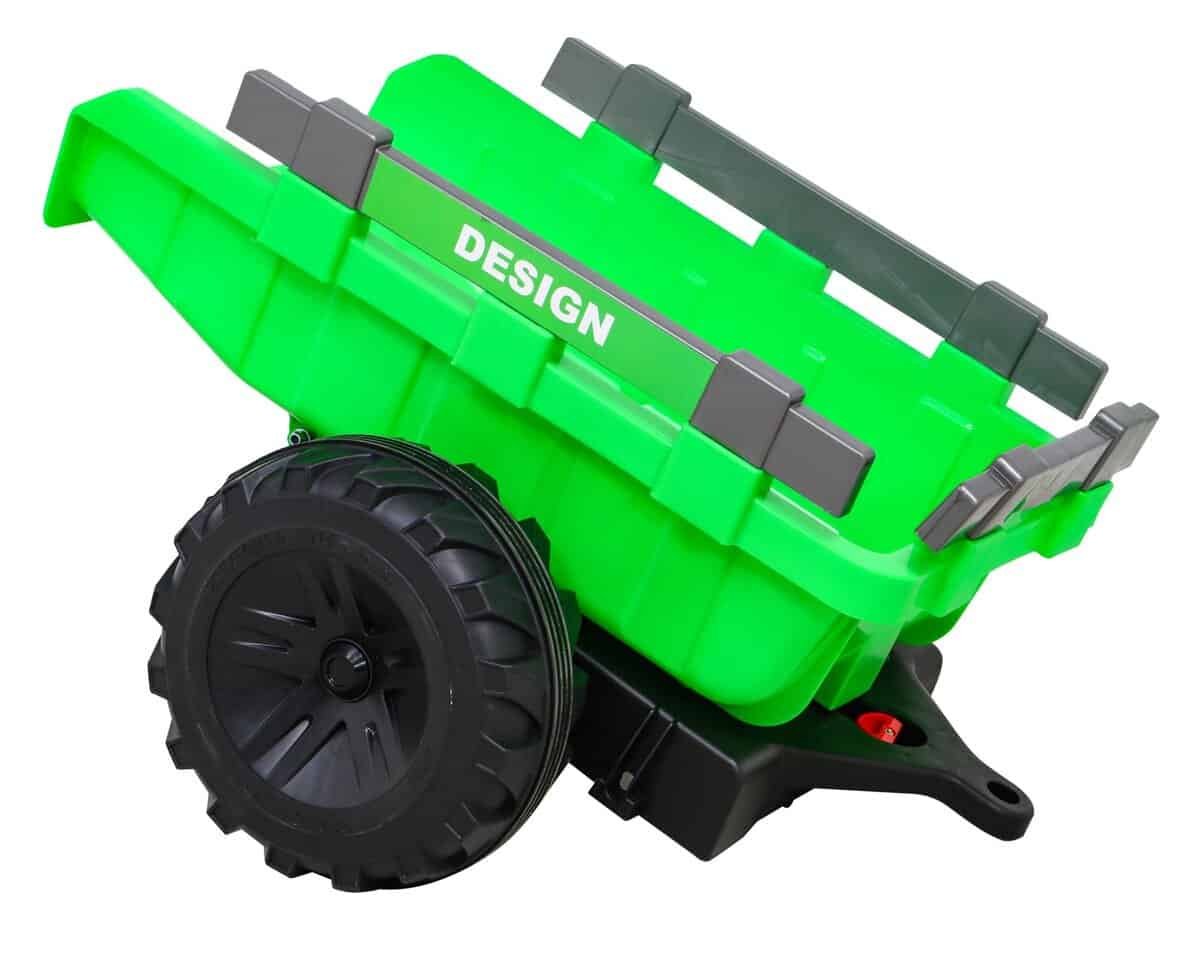 Rucsac de depozitare pentru jucării, plastic verde, cu roți și mâner de transport.