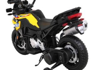 BMW motocicletă electrică pentru copii, model sport, cu roți late și elemente de design autentice.