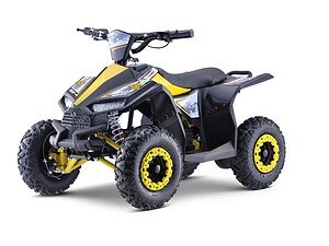 Trotinetă electrică pentru copii cu design sportiv negru galben.