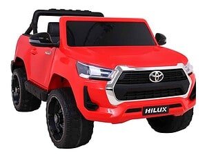 Mașină electrică pentru copii, model Toyota Hilux roșu, perfectă pentru joacă în grădină.