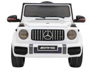 Mașinuță electrică pentru copii, model Mercedes-Benz G-Class, alb, realistă și sigură.