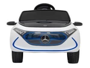 Mașinuță electrică pentru copii, model Mercedes-Benz alb cu detalii albastre.
