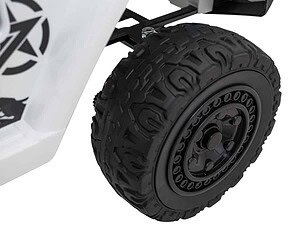 Robust toy car wheel, durable rubber tire and black rim for kids' play vehicles.