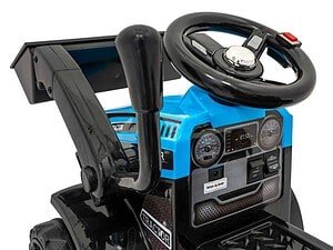 Volant și panou de control pentru tractor jucărie, culoare negru și albastru.