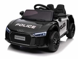 Mașină electrică pentru copii Audi R8 Spyder, model poliție, jucărie fără pedale, ideal pentru distracție.