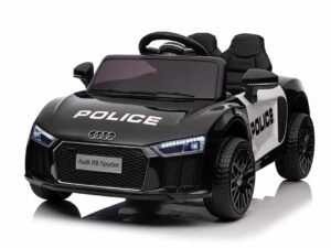 Mașinuță electrică pentru copii, model police negru, design realist, sigur și distractiv pentru cei mici.