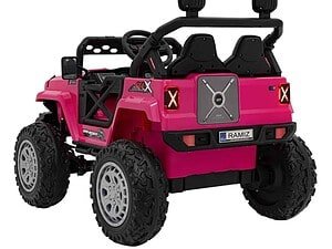 1. Mașinuță electrică pentru copii, roșie și neagră, pentru joacă în aer liber.