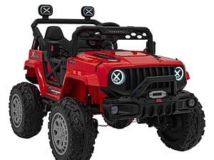 Red toy off-road vehicle for children, realistic design, suitable for outdoor play.