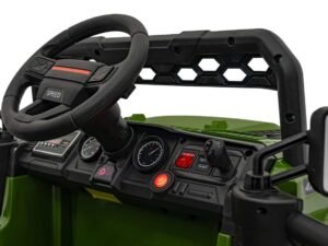 Volan și bord pentru mașinuțe electrice pentru copii, negru și verde, sigur și distractiv.