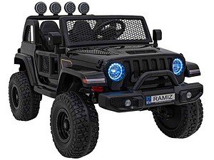 Mașinuță electrică pentru copii, model SUV negru cu faruri albastre, jante mari și cauciucuri off-road.