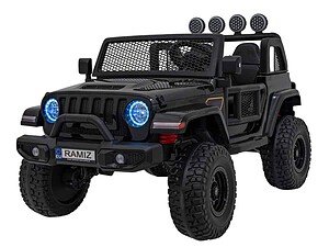 Jucărie electrică pentru copii, mașină SUV neagră cu lumini LED albastre.