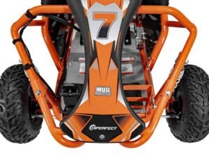 Jucarie off-road pentru copii, ATV electric cu pneuri robuste si sisteme de siguranta.