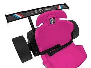 Jucărie pentru copii de conducere cu scaun roz și spoiler sportiv, ideală pentru joacă și dezvoltare.