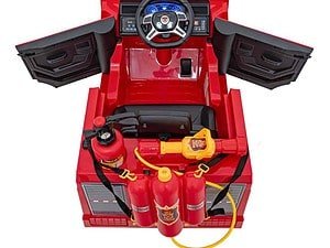 Pilot de mașină de pompieri pentru joacă, cu butoane și accesorii realiste.