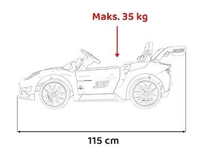 Mașinuță electrică pentru copii, design sportiv și autonomie, greutate maximă 35 kg, dimensiuni 115 cm.
