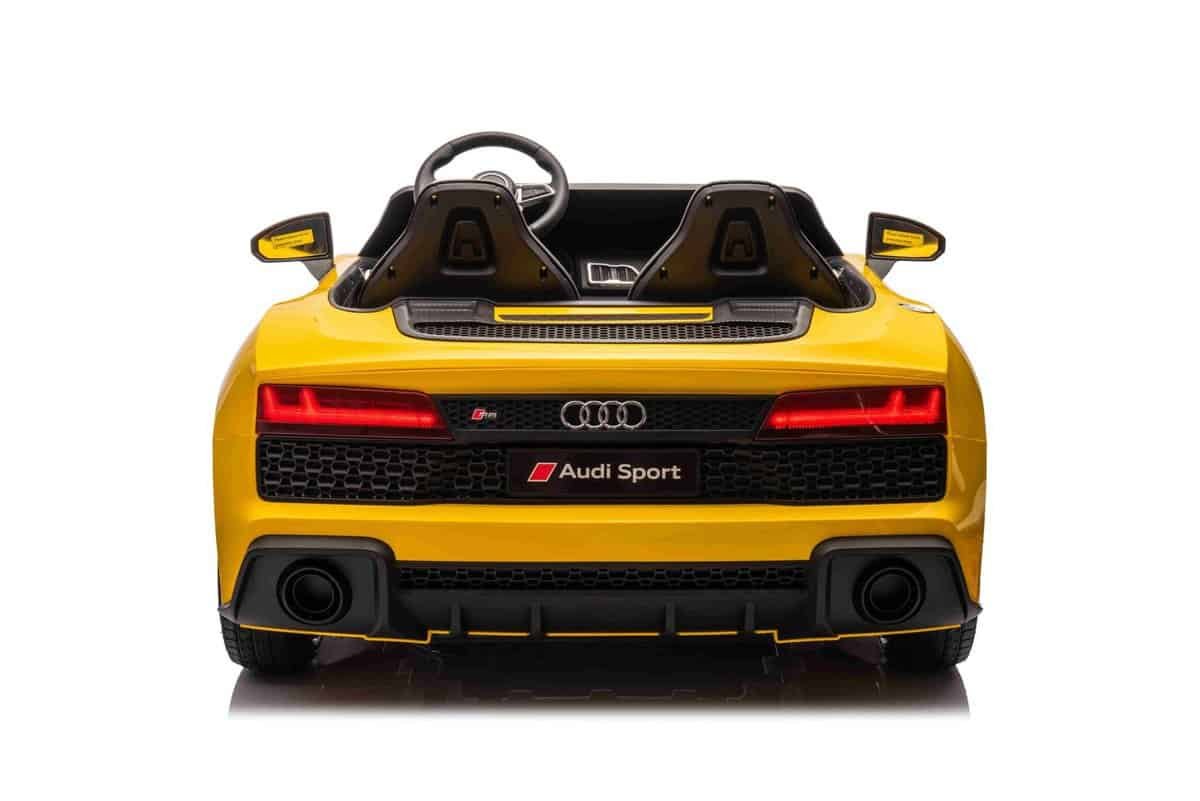 Mașină jucărie electrică pentru copii, model sport Audi R8, culoare galbenă, perfectă pentru distracție.